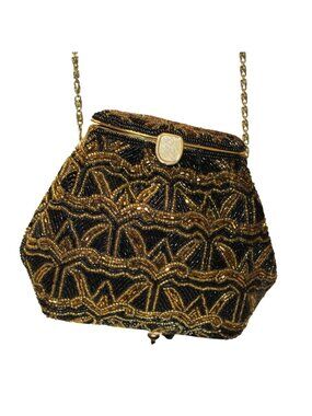 Carlo Fellini Black Gold Beaded Evening Bag Frame Clutch Purse Chain Strap